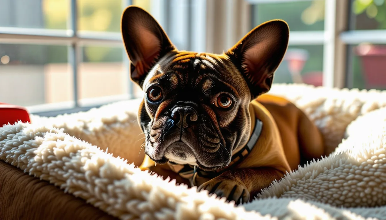 chiot Bouledogue français au museau court assis sur un parquet clair