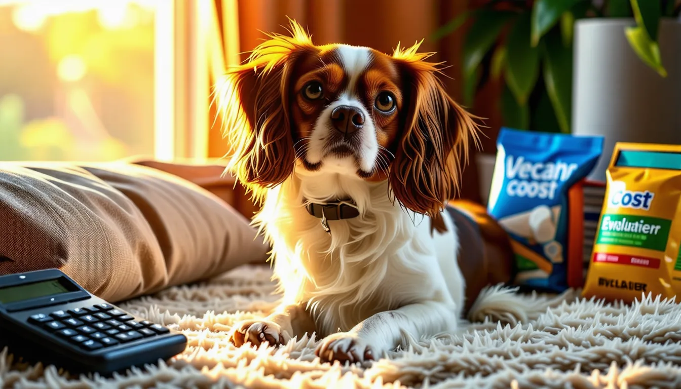 chiot Cavalier King Charles au pelage blenheim couché sur un tapis, oreilles tombantes
