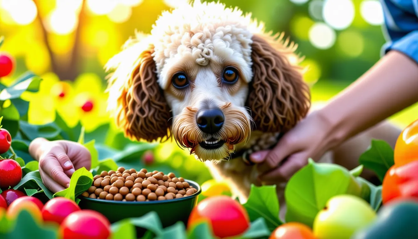 Un Caniche assis devant sa gamelle de croquettes, dans une cuisine.