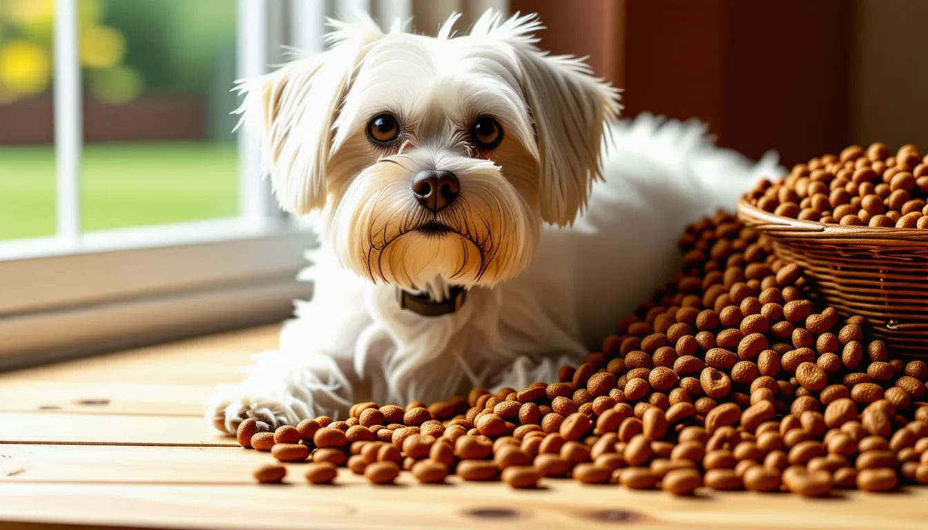 un petit chien Bichon Maltais au pelage blanc assis devant une gamelle de croquettes