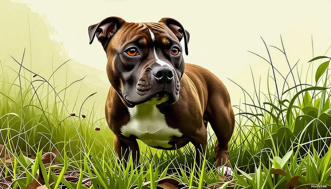 staffordshire bull terrier musclé debout sur une pelouse, oreilles dressées, corps trapu et bien proportionné