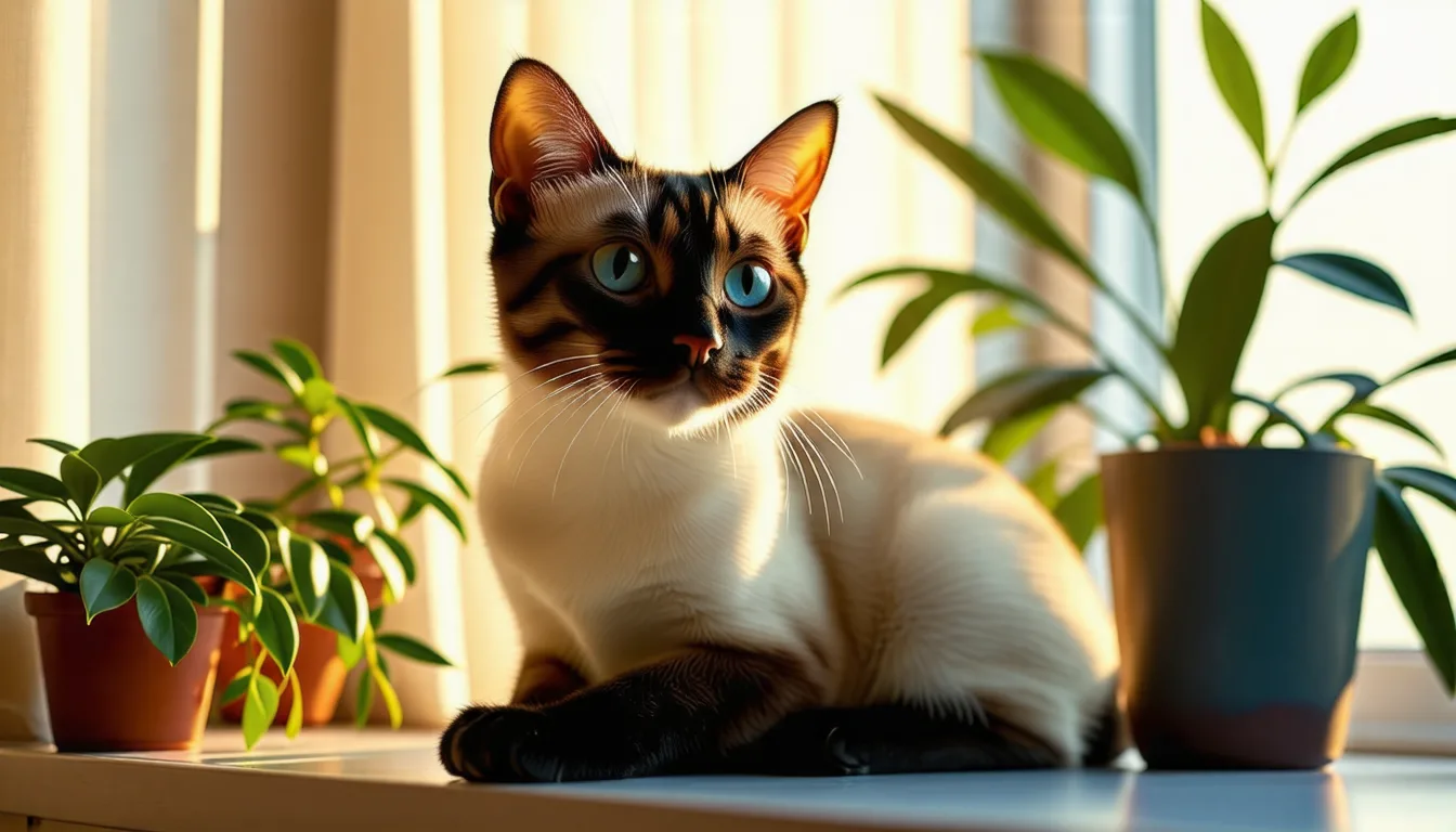 chat siamois au pelage clair et masque foncé, silhouette élancée, yeux bleus