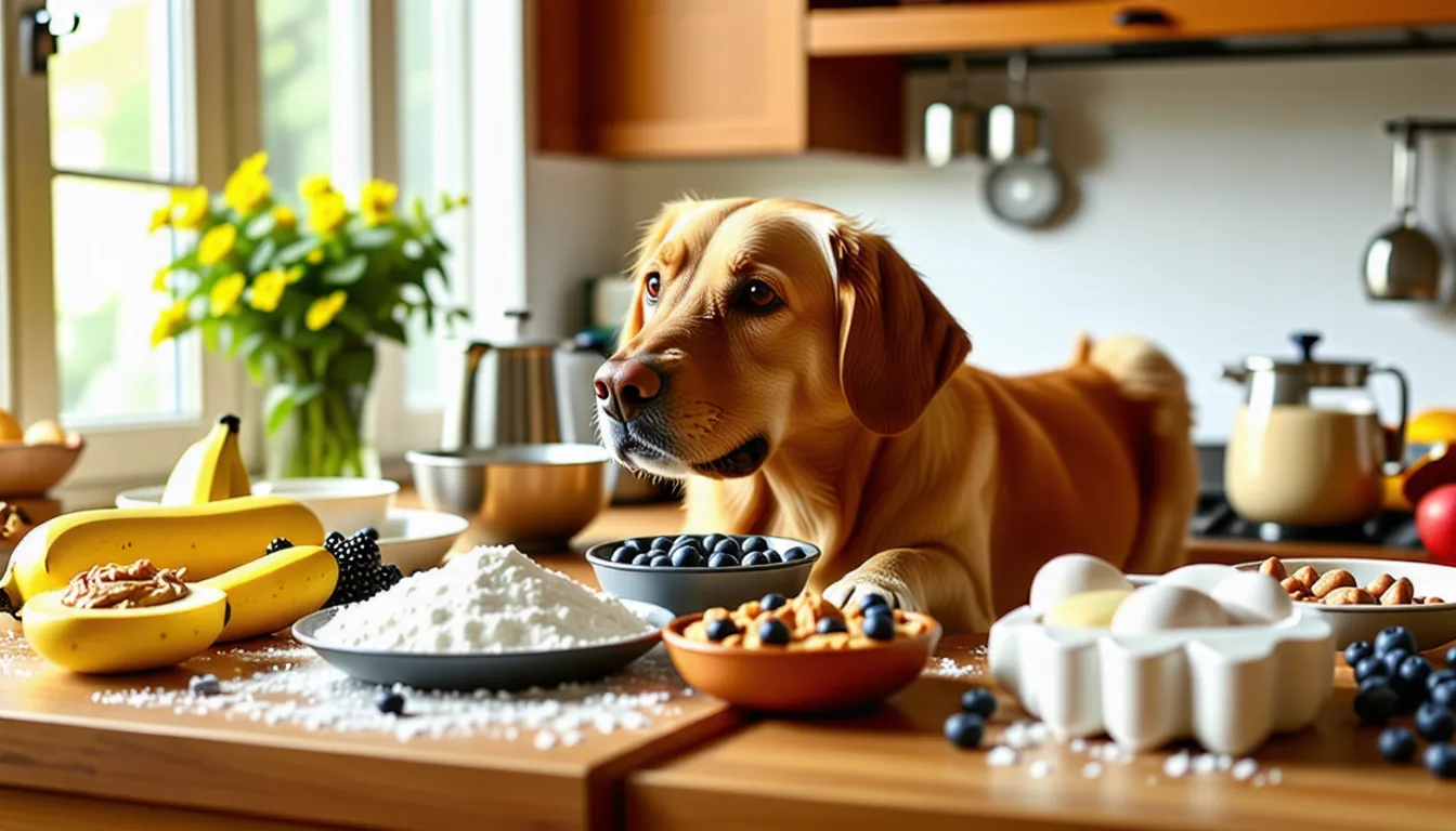 gâteaux ronds pour chien posés sur une grille de refroidissement à côté d'ingrédients bruts, farine, carotte et œuf, sur un plan de travail