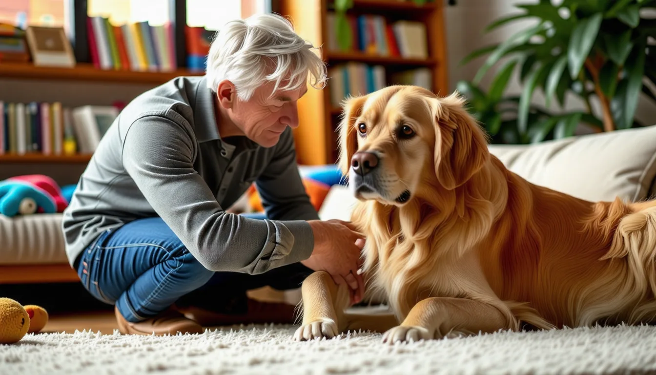chien âgé allongé sur un tapis, pattes raides, observé par son propriétaire inquiet
