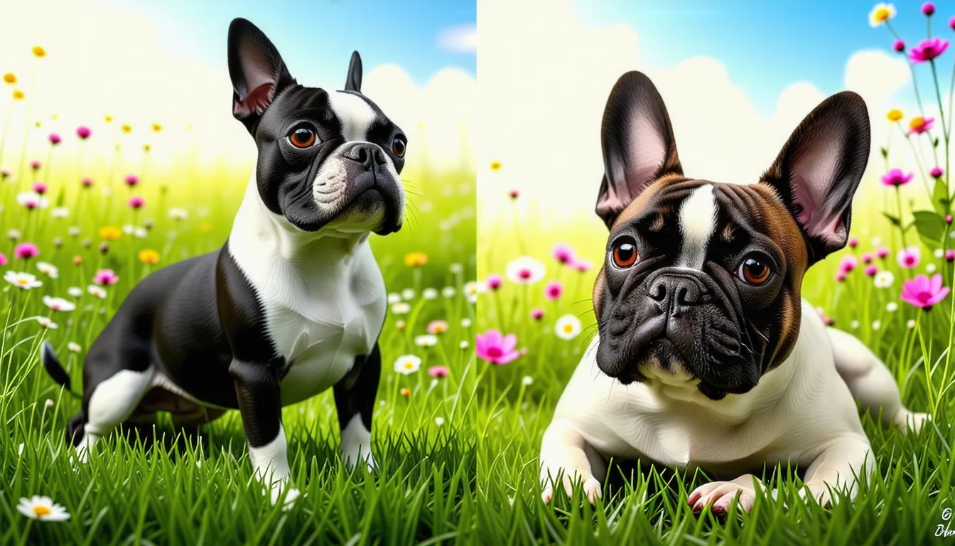 boston terrier et bouledogue français assis côte à côte, comparaison de leur silhouette et de leurs oreilles