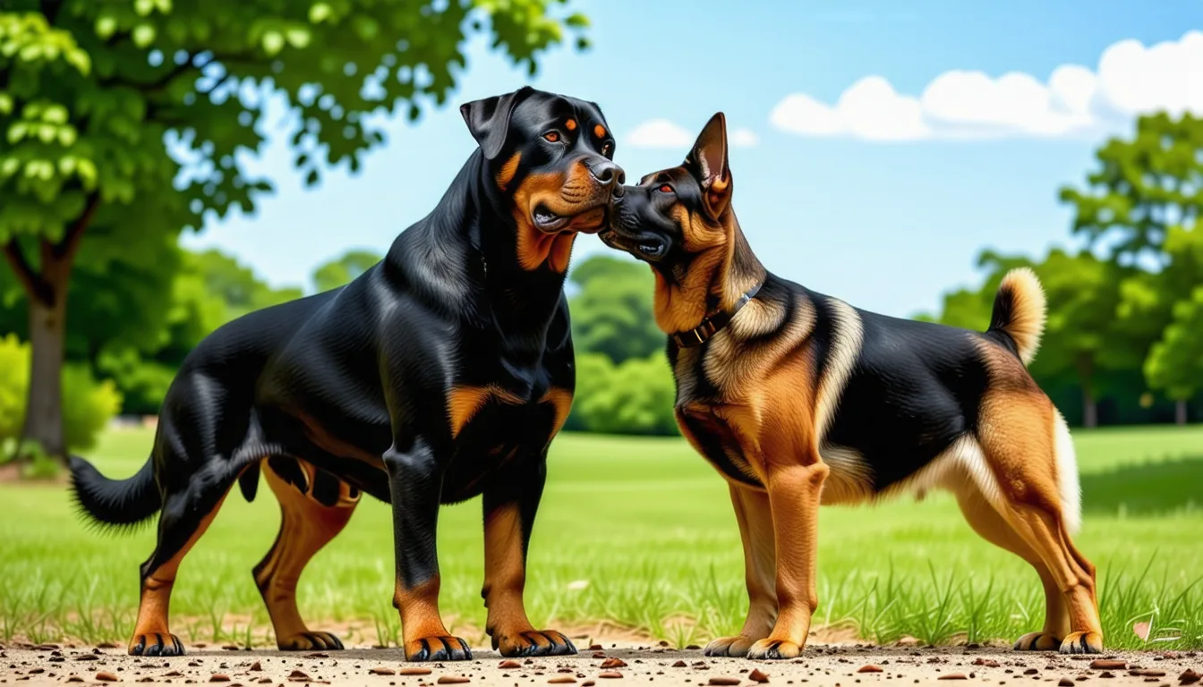 un Rottweiler et un Berger allemand assis côte à côte dans un jardin