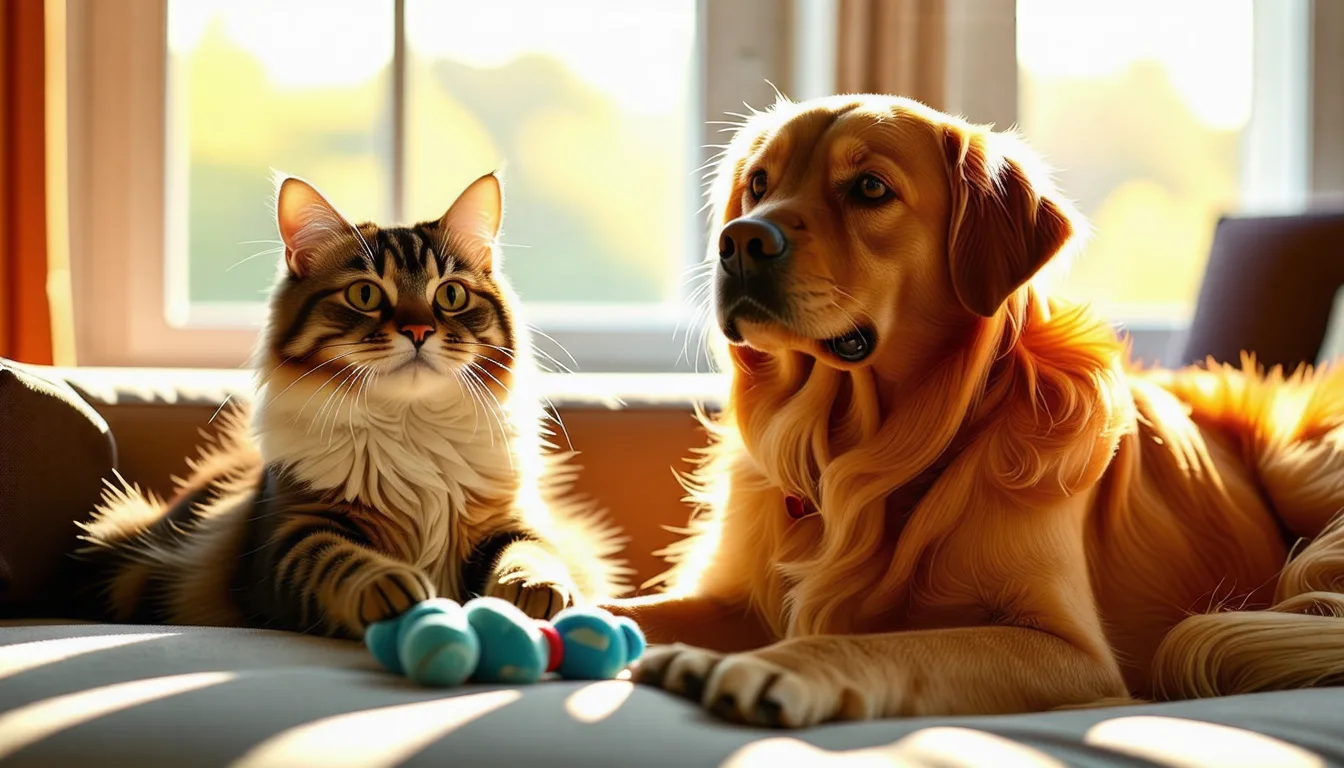 Contrat d'assurance animale posé à côté d'un chat et d'un chien, sur une table
