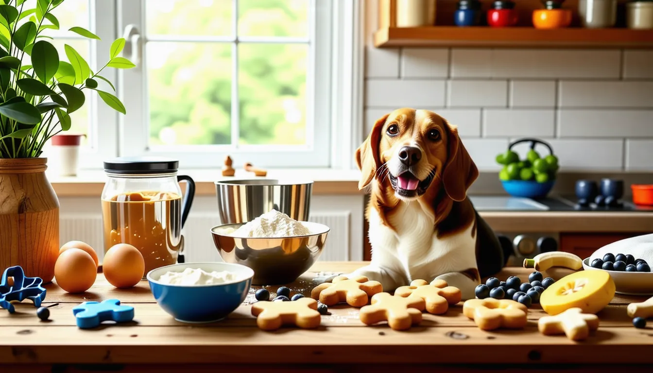 assortiment de friandises pour chien faites maison, biscuits et frites de patate douce, disposés sur une planche en bois