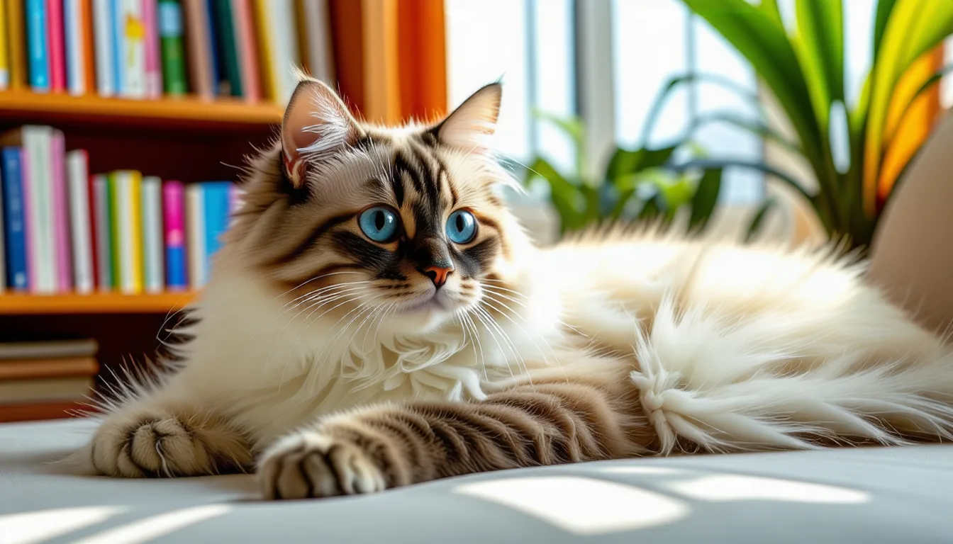 chat Ragdoll aux yeux bleus, pelage clair mi-long, allongé dans une posture détendue