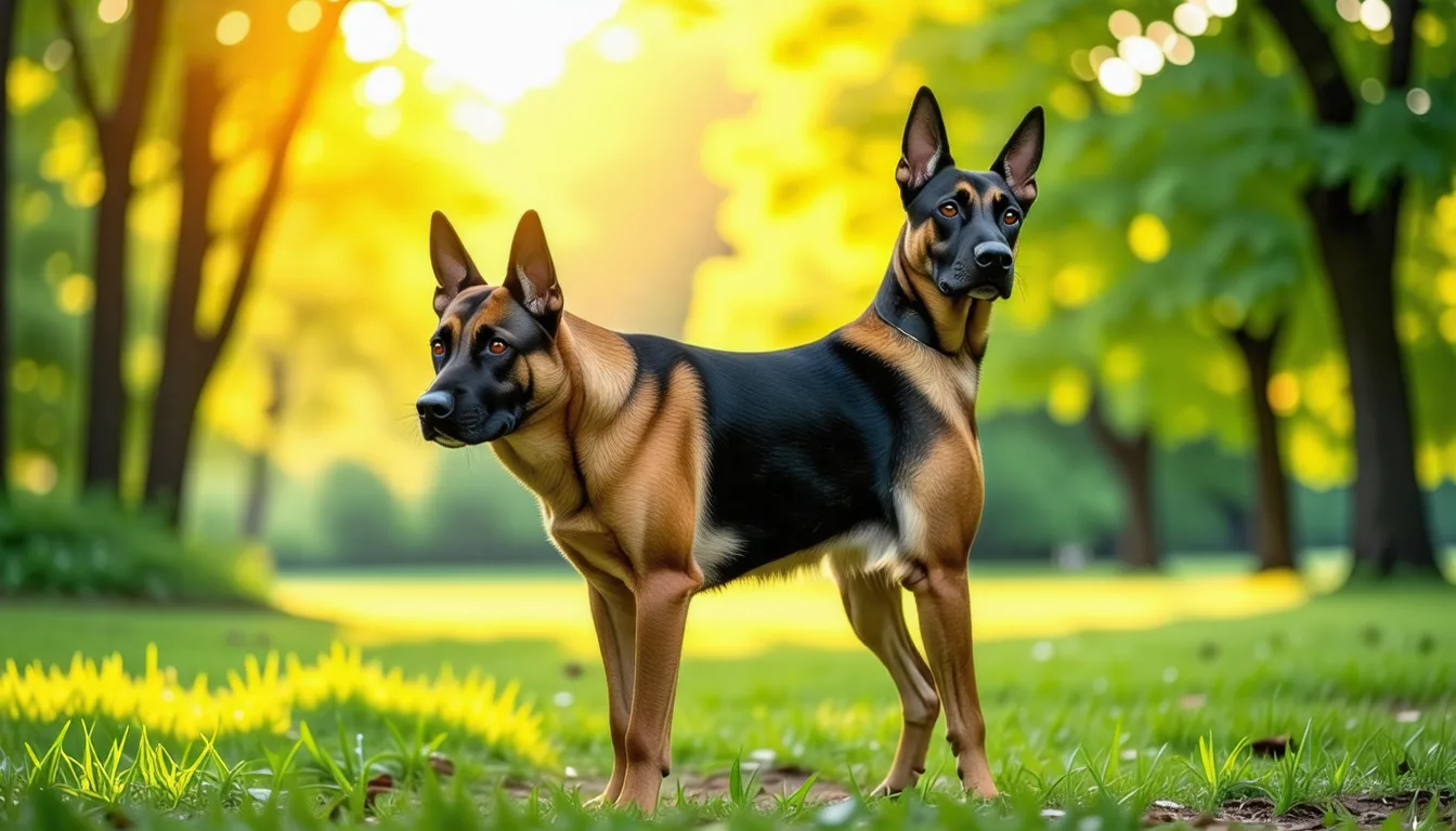 chien Malinois adulte debout dans l'herbe, musculature visible et pelage fauve