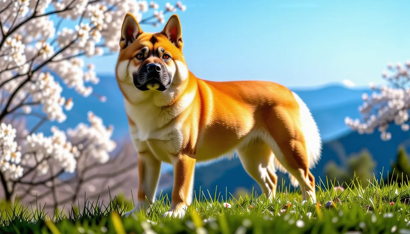 akita américain adulte de profil, robe bringée et masque noir, queue enroulée sur le dos
