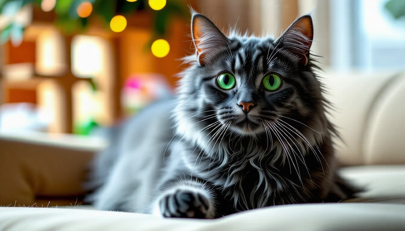 Chat Nebelung au pelage gris bleuté assis, yeux verts, oreilles pointues dressées