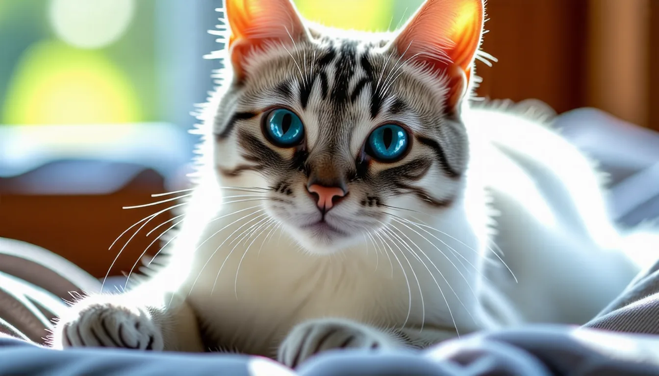chat Khao Manee au pelage blanc immaculé, un œil bleu et un œil doré, regard direct vers l'objectif.