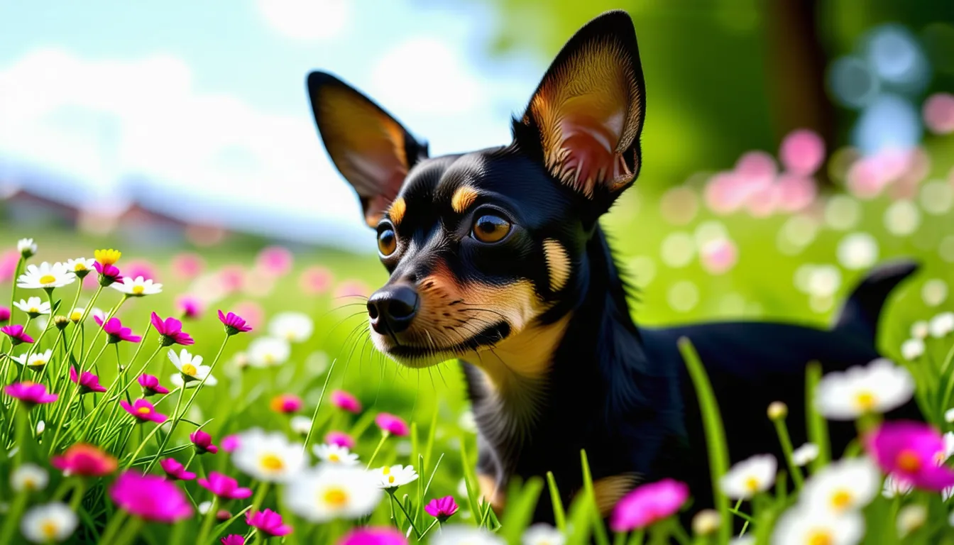 petit chien au pelage court et sombre, oreilles triangulaires dressées, regard vif et alerte