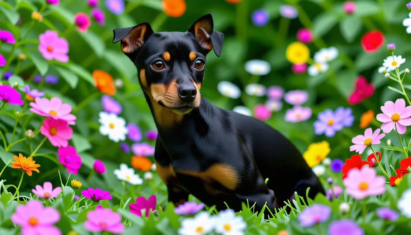 Pinscher nain au pelage noir et feu, tête levée, oreilles droites, posture élégante et alerte.