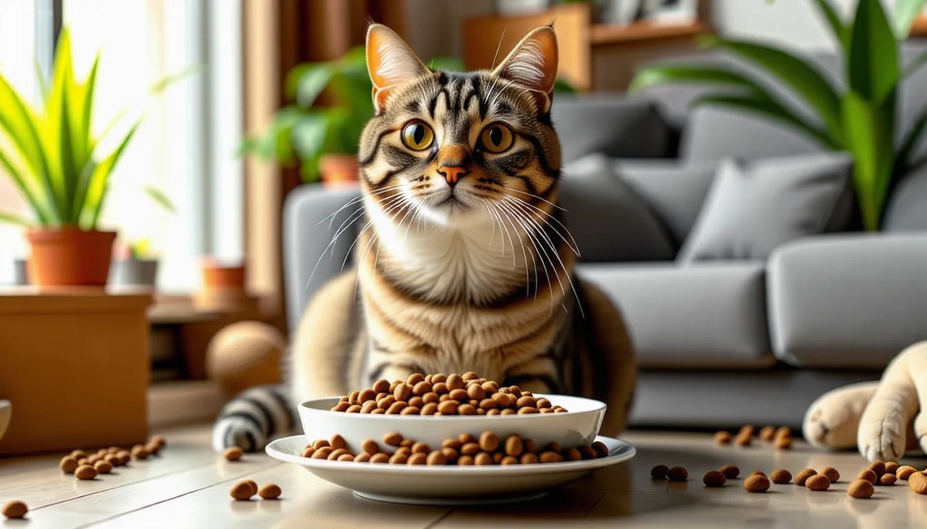 chat British Shorthair gris au pelage dense assis près d'une gamelle de croquettes