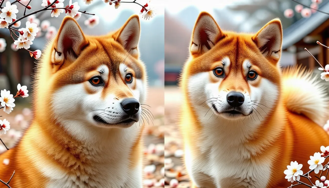 Un Akita Inu et un Shiba Inu assis côte à côte dans un parc.