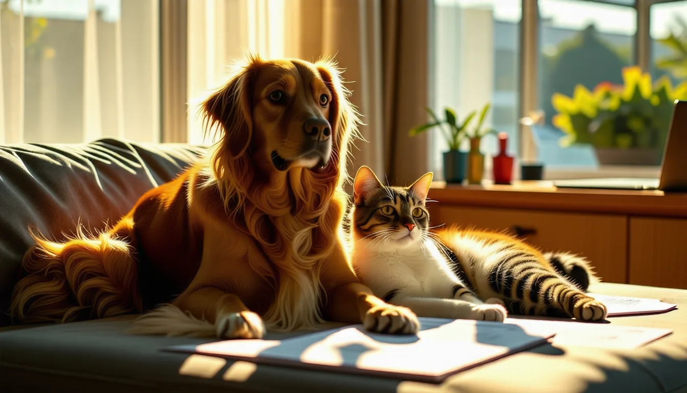 chien et chat côte à côte devant un fond bleu clair évoquant une assurance santé animale