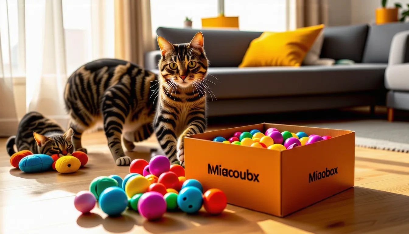 boîte ouverte avec jouets, friandises et accessoires pour chat disposés autour