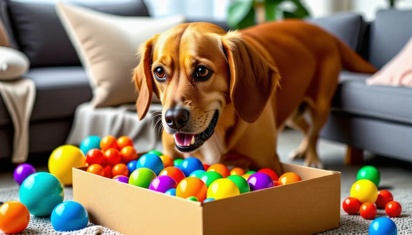 boîte cadeau ouverte contenant des jouets, friandises et accessoires pour chien