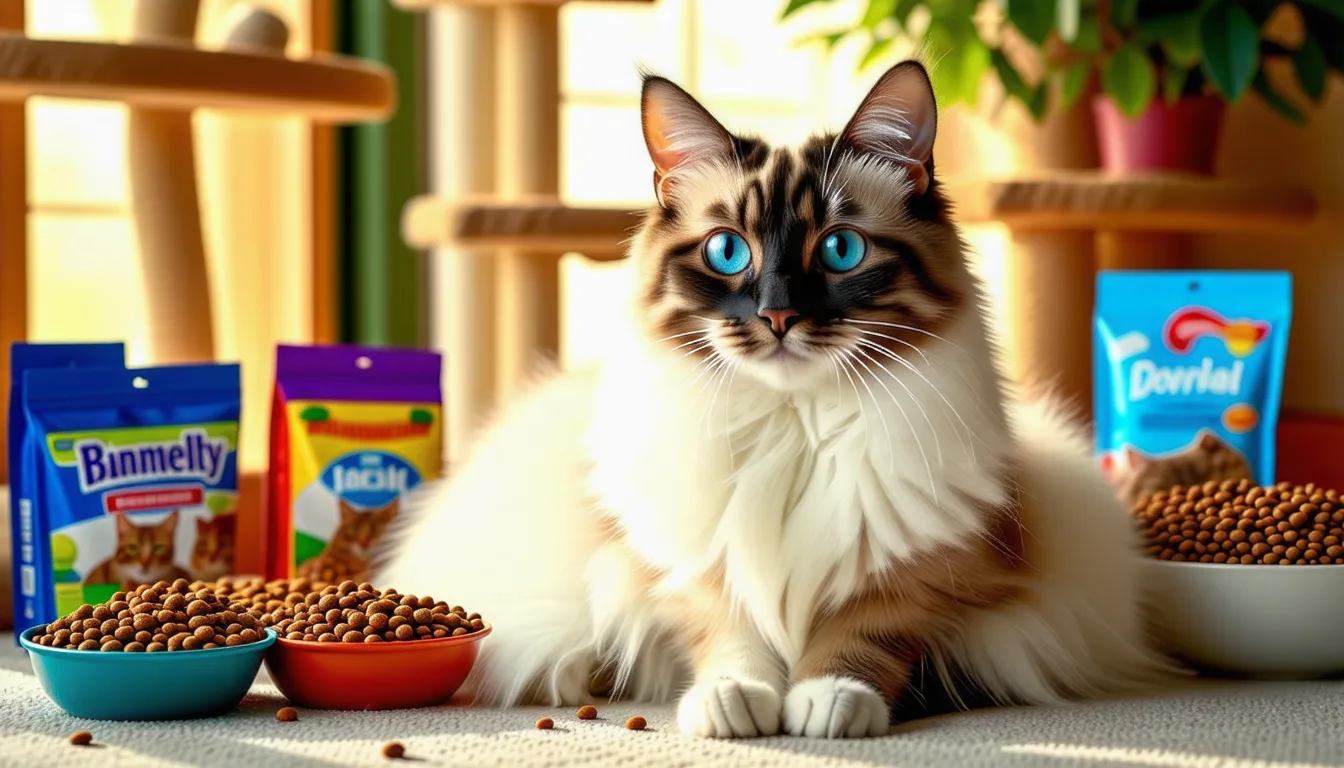 un chat Ragdoll au pelage clair mange dans une gamelle posée sur un sol carrelé