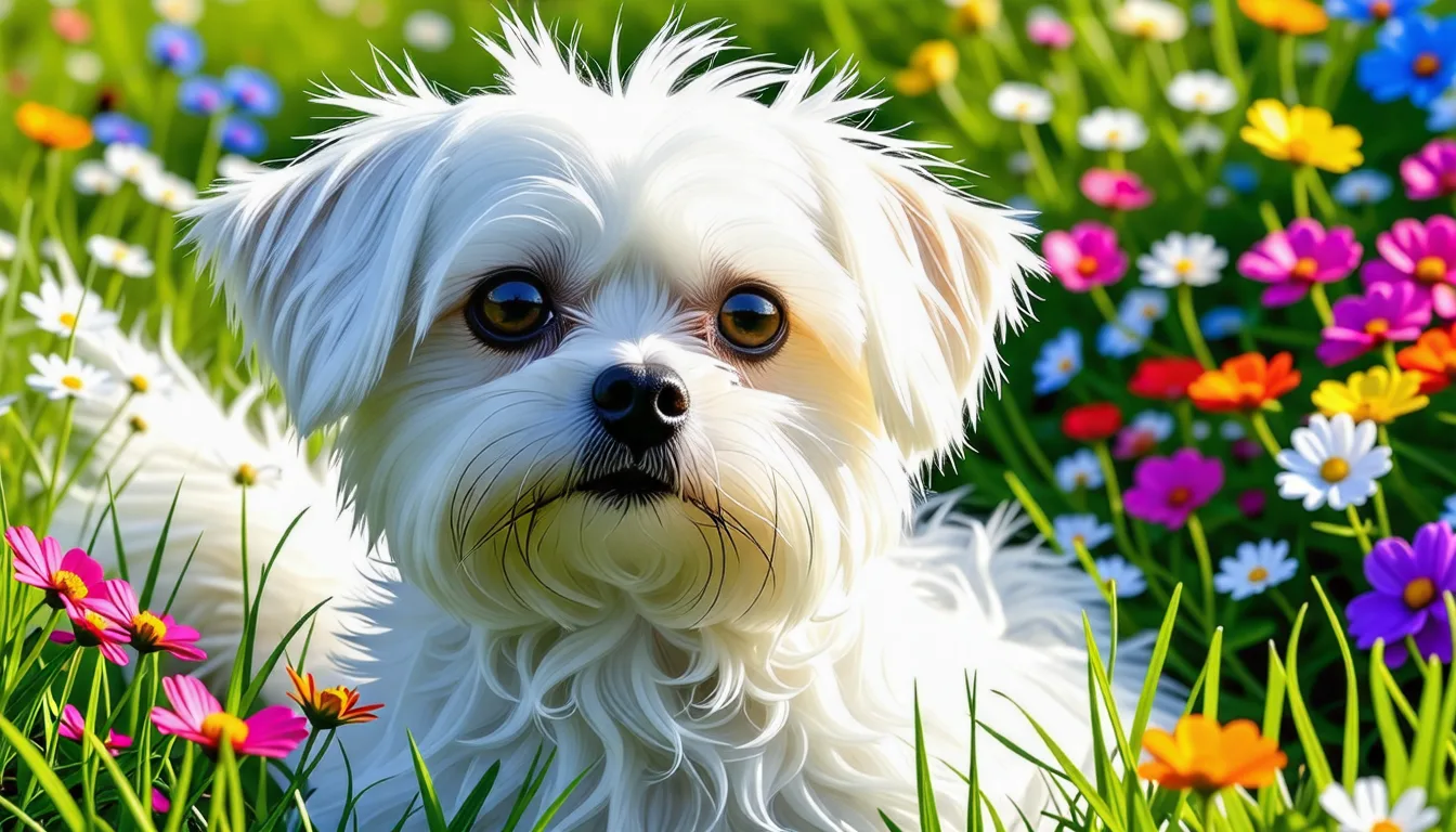 petit chien bichon maltais au pelage blanc long assis sur un canapé