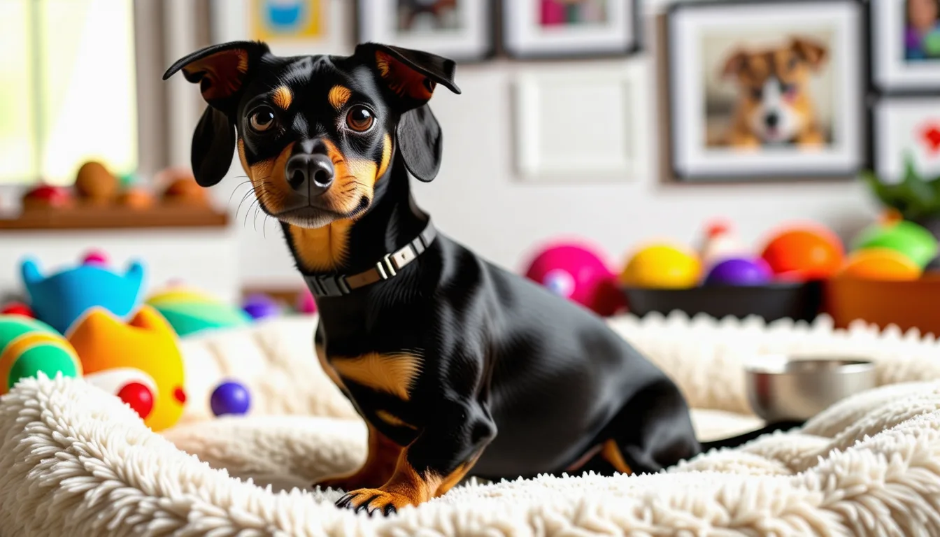 pinscher nain adulte debout sur l'herbe, oreilles dressées, silhouette fine et musclée