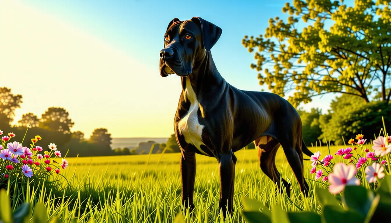 Dogue Allemand assis, tête massive et oreilles tombantes, regard calme