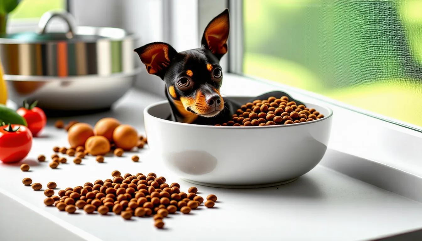 Un Pinscher nain adulte assis à côté de sa gamelle de croquettes