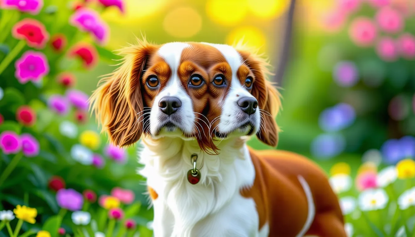 Cavalier King Charles adulte au pelage soyeux, oreilles frangées, allongé et attentif