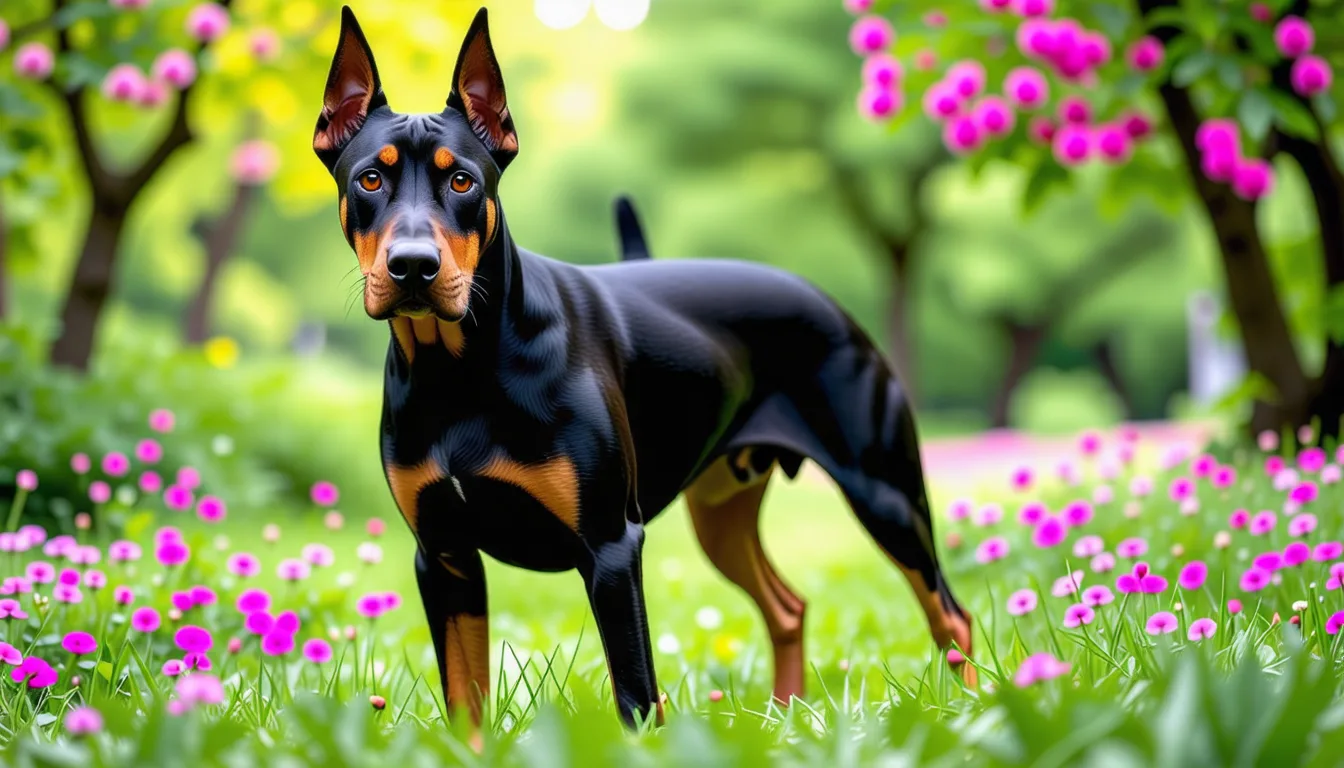 Dobermann au pelage noir et feu, oreilles dressées, debout dans une posture attentive
