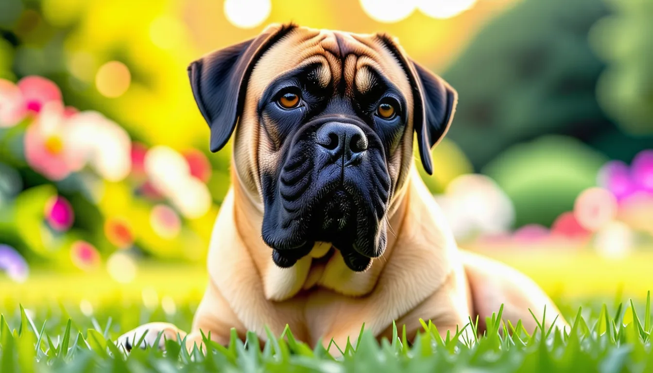 un mastiff anglais au pelage fauve, tête massive et corps musculeux, allongé