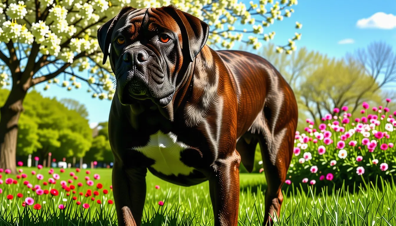 un mastiff adulte de grande taille, silhouette massive et musclée, debout