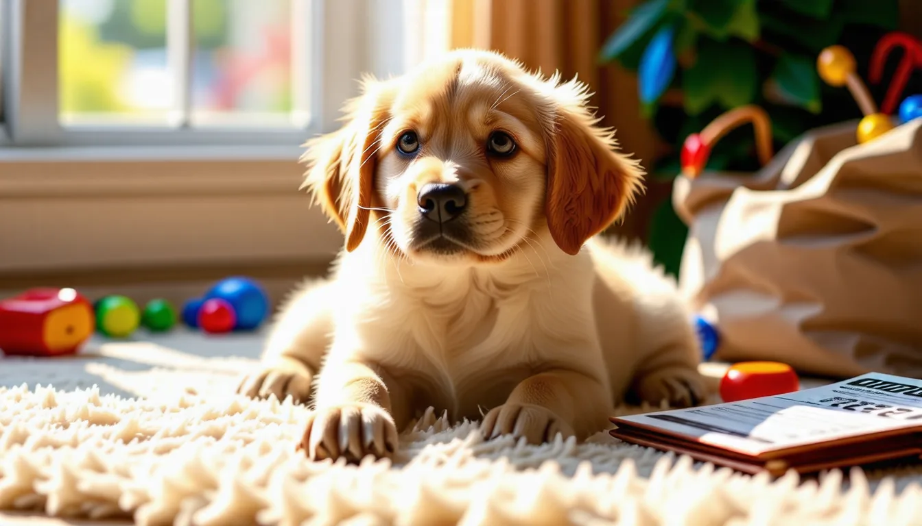 chiot golden retriever au pelage doré assis dans l'herbe, regard attentif tourné vers l'objectif