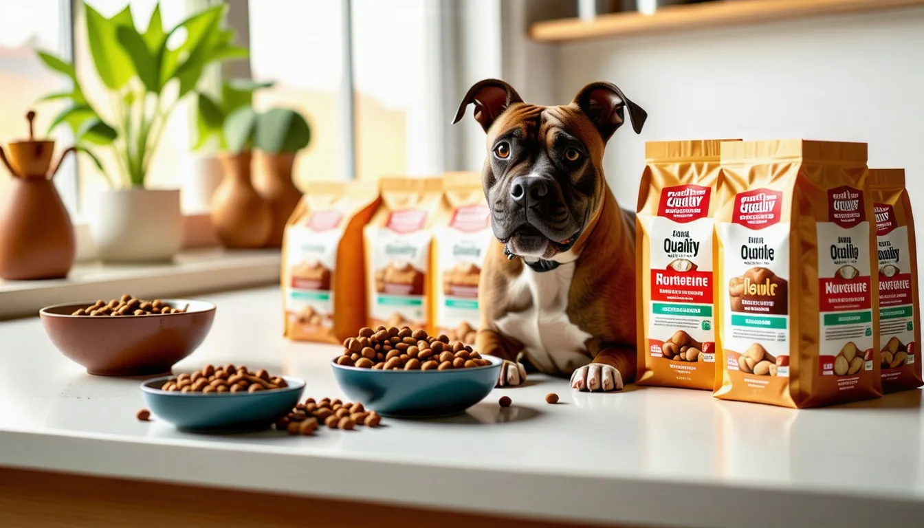 un Staffordshire Bull Terrier musclé mangeant des croquettes dans une gamelle en inox