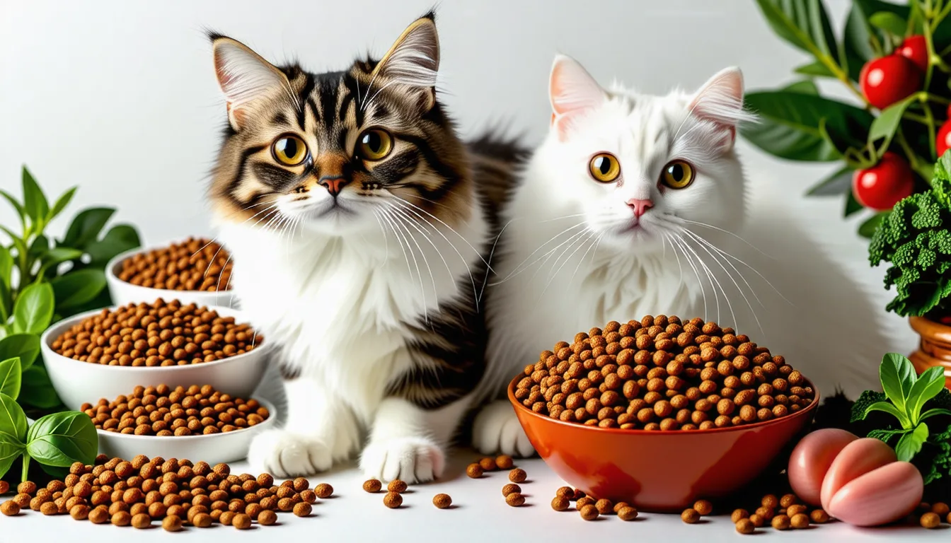 chat persan au pelage blanc long assis devant une gamelle de croquettes
