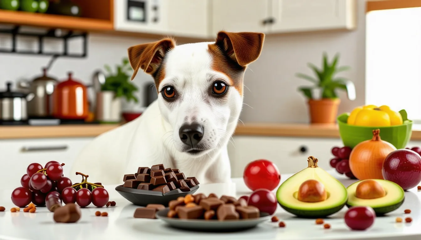 un Jack Russell Terrier assis devant sa gamelle, attendant son repas dans une cuisine