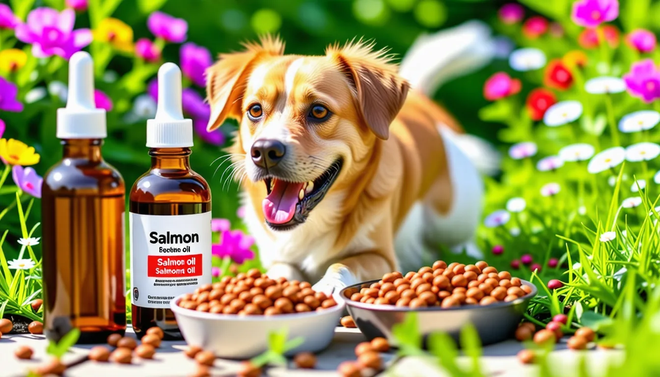 Une gélule d'huile de saumon versée près d'une gamelle de croquettes pour chien