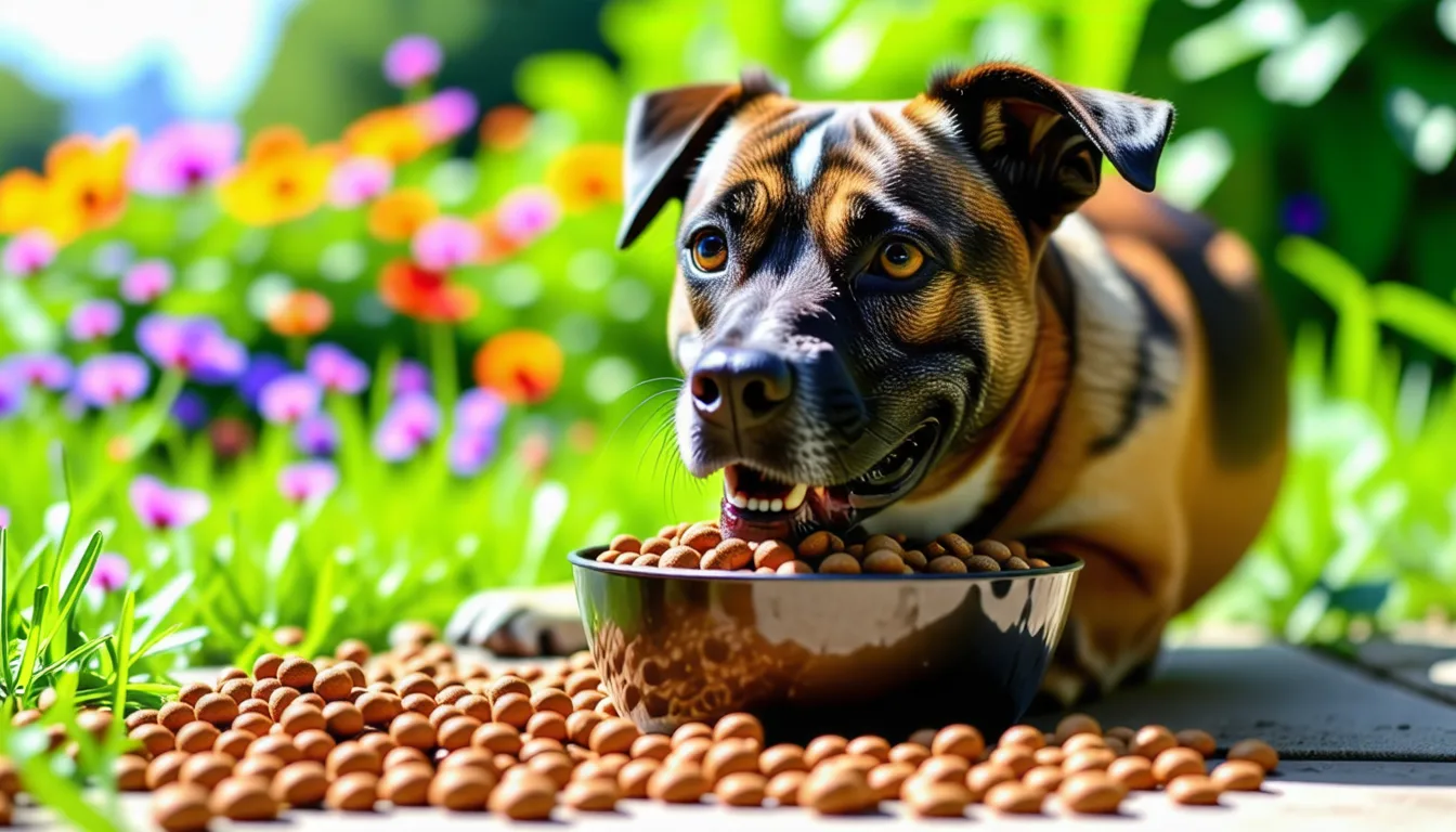 un chien mange des croquettes dans une gamelle en inox posée sur le sol