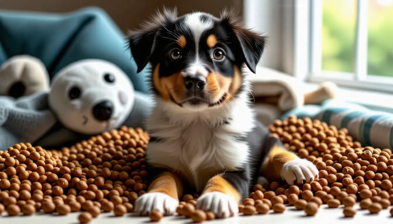 Un chiot Berger Australien mange des croquettes dans une gamelle posée au sol