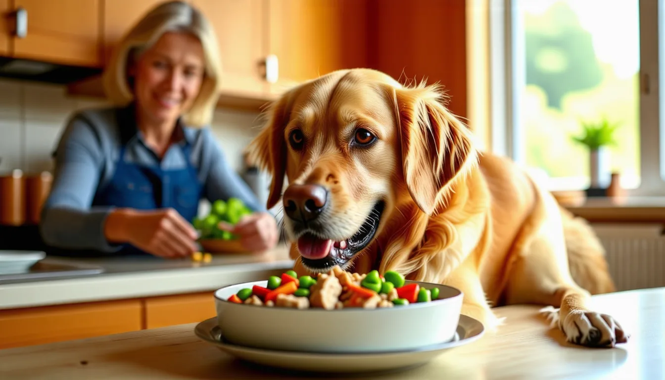 Golden Retriever assis devant sa gamelle en attendant son repas