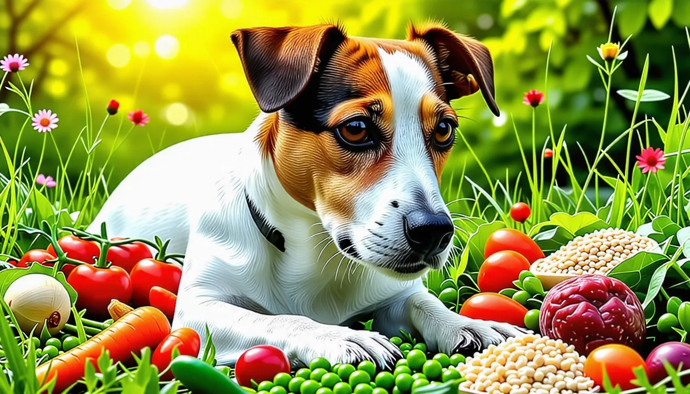 gamelle de croquettes pour chien posée à côté d'un sac ouvert, avec un Jack Russel Terrier assis en arrière-plan