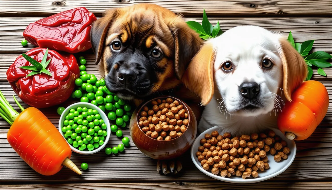 chiot devant une gamelle de croquettes, museau penché vers la nourriture