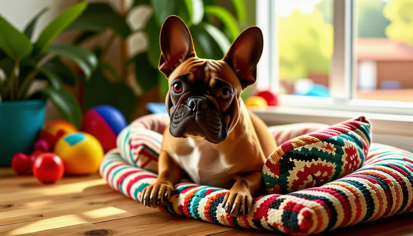 Bouledogue français adulte au museau plat et aux oreilles droites, assis sur un parquet