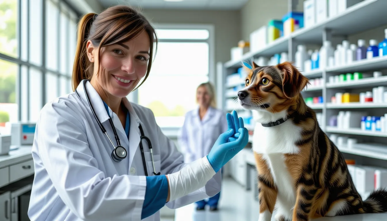 vétérinaire examinant un chien allongé sur une table de consultation, stéthoscope en main
