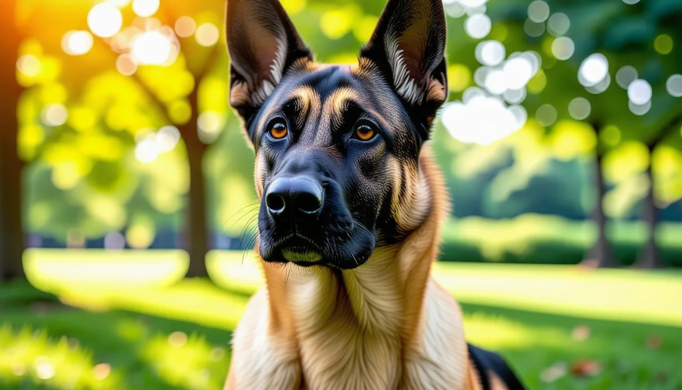 berger belge malinois fauve au masque noir, en position d'arrêt attentif dans un champ