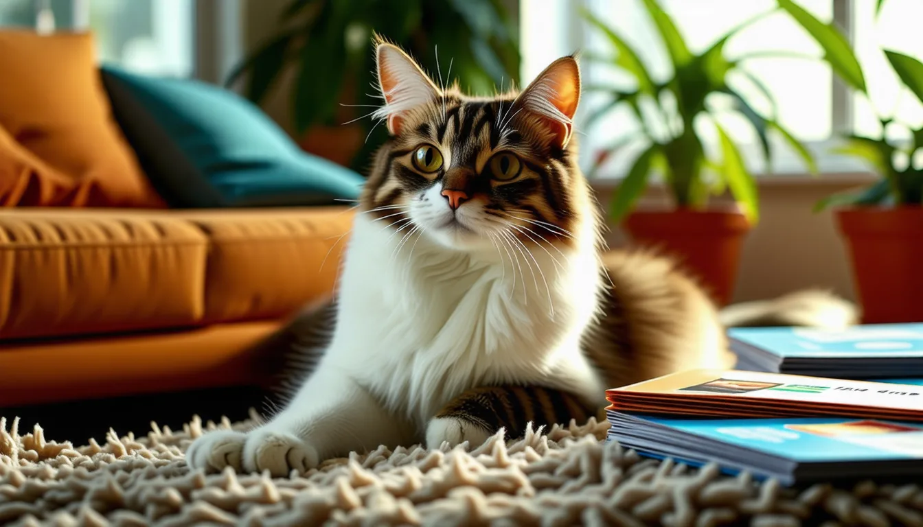 chat maine coon allongé près d'un carnet de santé et d'un stéthoscope