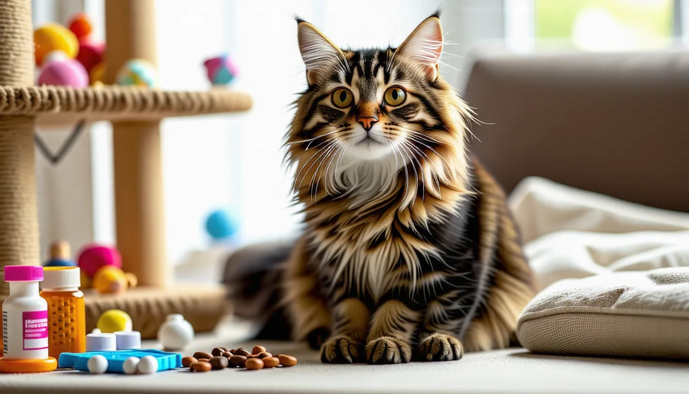 chat maine coon roux à la fourrure abondante, allongé sur un rebord de fenêtre, oreilles ornées de longs poils.