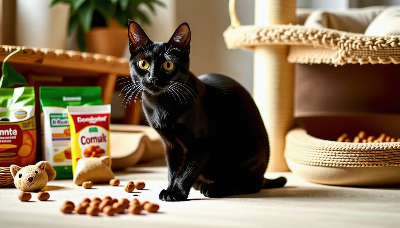 chat bombay au pelage noir brillant et aux yeux cuivrés, allongé et attentif