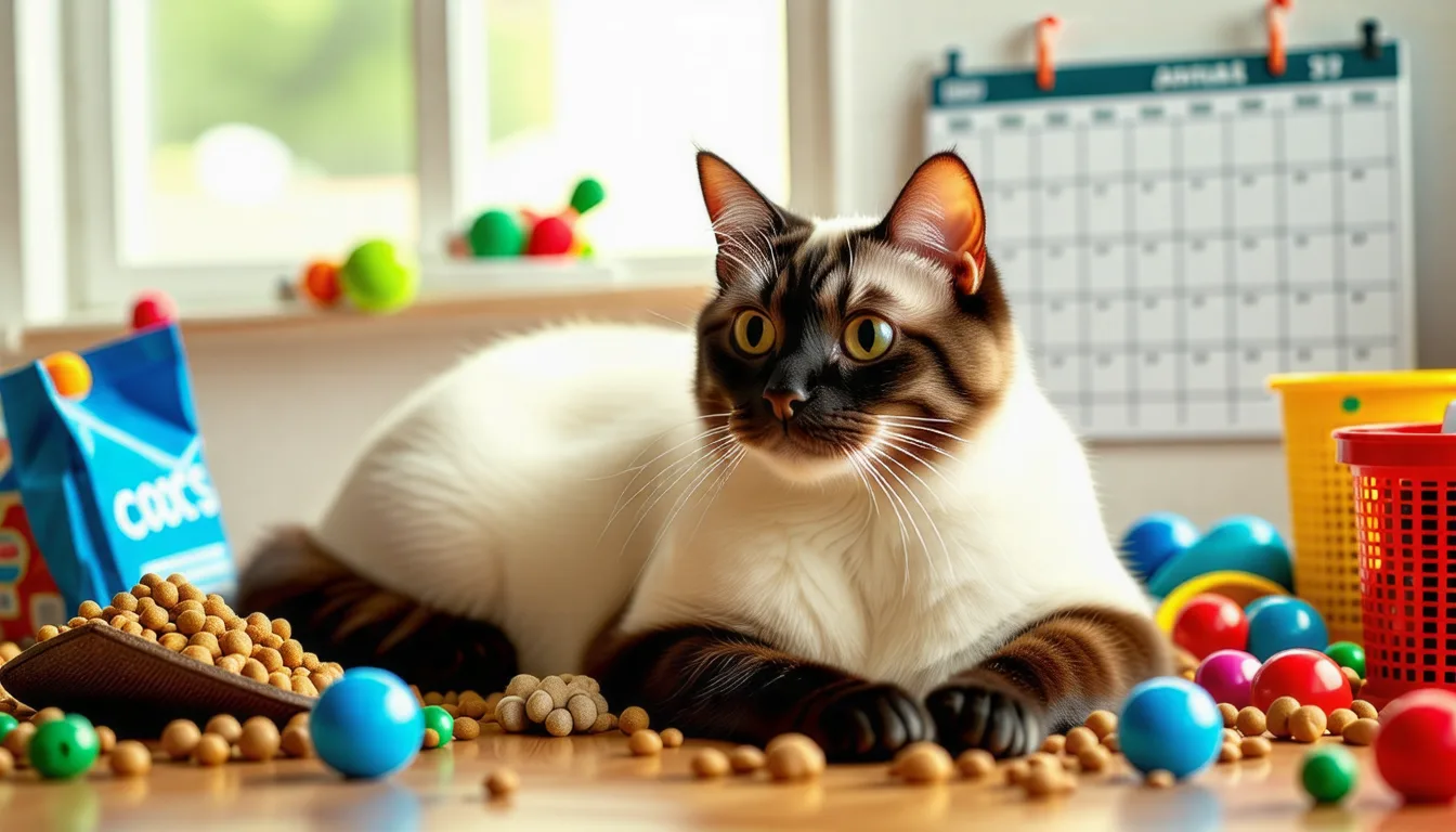 chat siamois assis près de sa gamelle et de sa litière dans un salon